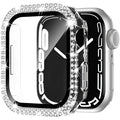 Apple Watch case with double diamond glass in rose pink, gold, and silver colour options on a table.