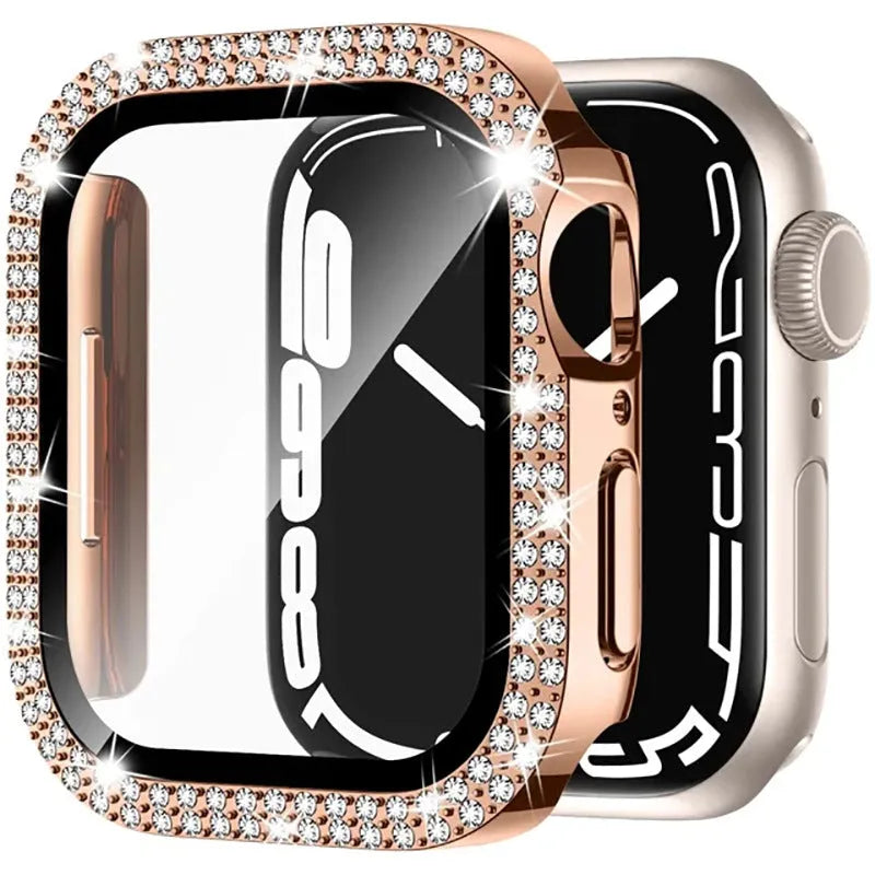 Apple Watch case with double diamond glass in rose pink, gold, and silver colour options on a table.