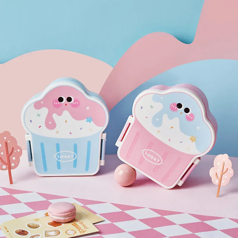 Creative ice cream shaped plastic lunch box with compartments in pink or blue, includes spoon and fork