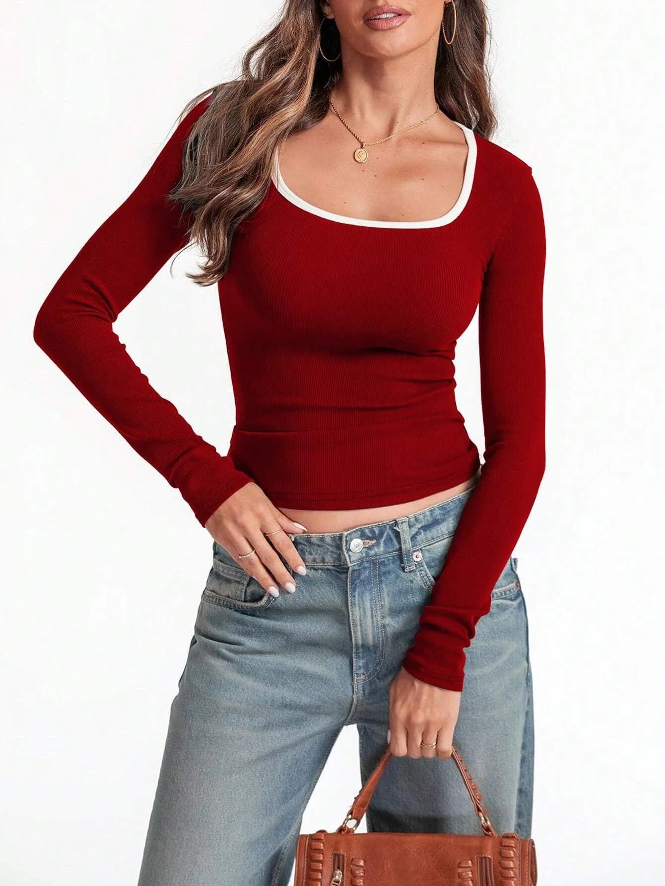 Women's square collar cotton pullover in slim fit with long sleeves in a choice of solid colours.