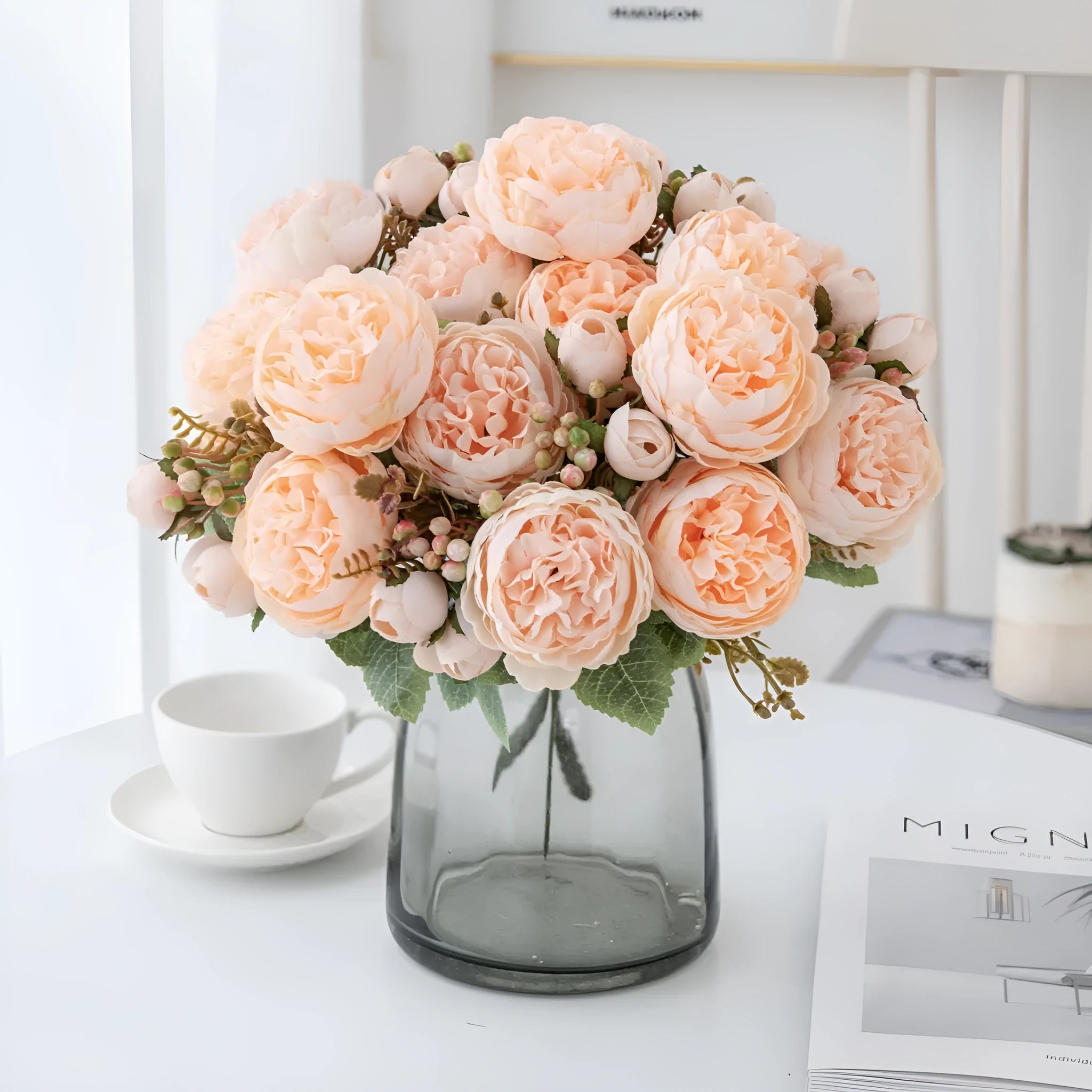 Artificial silk peony flower bouquet in champagne and sand red colours for home decor.