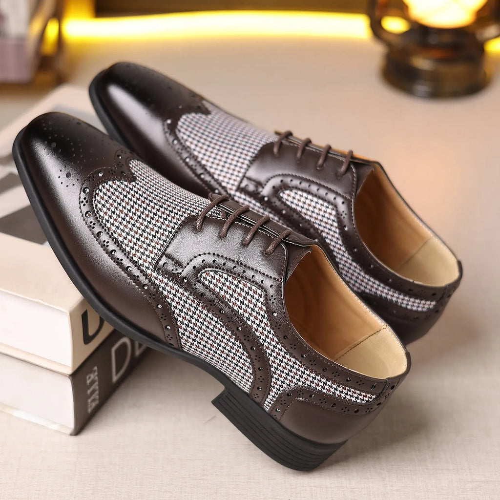 Men's houndstooth plaid casual leather shoes with square toe and lace-up front in four colour options