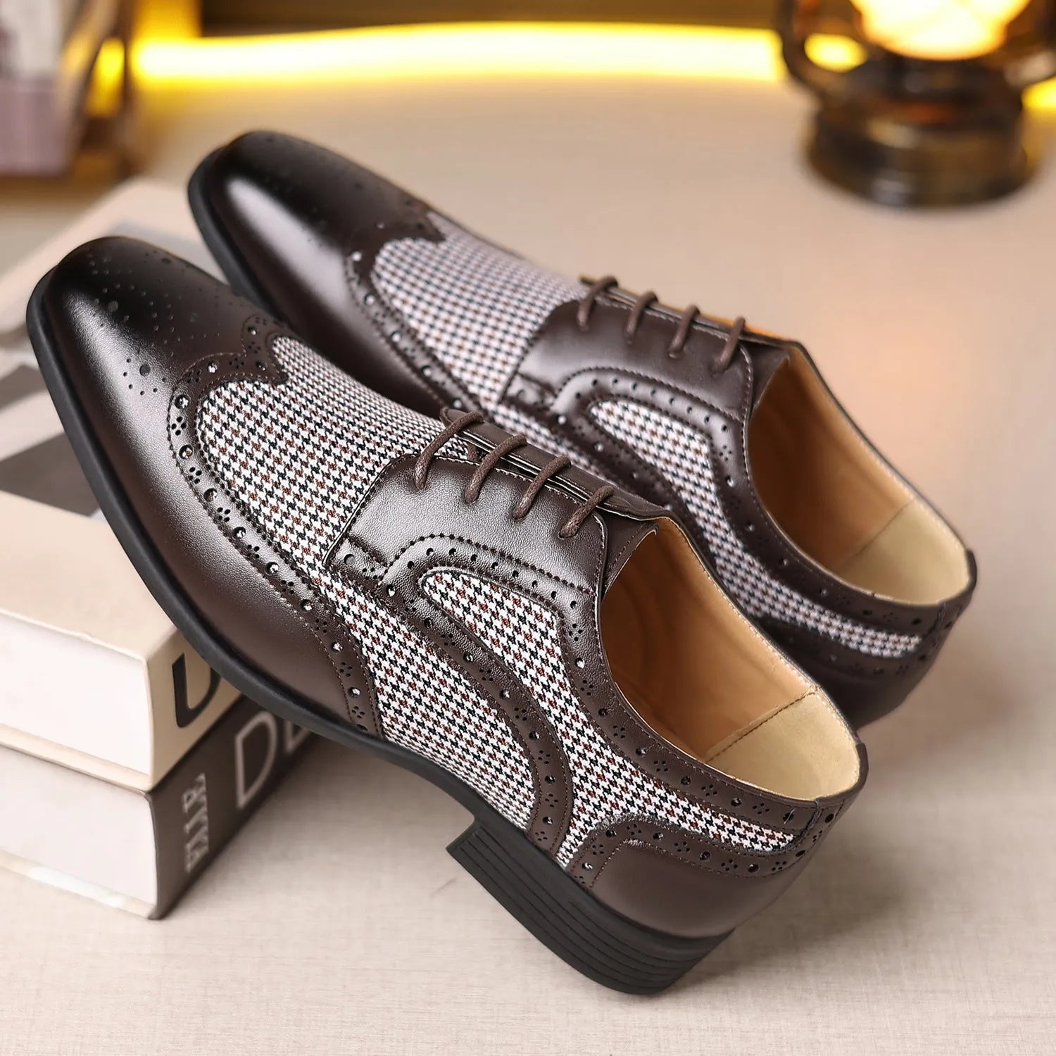 Men's houndstooth plaid casual leather shoes with square toe and lace-up front in four colour options