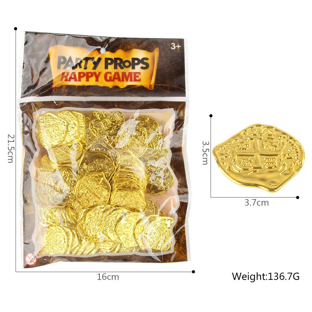 Set of 100 plastic replica Roman pirate coins with gold, silver, or bronze electroplated finishes.