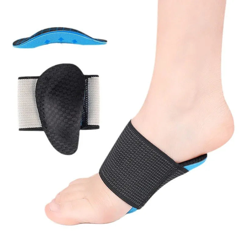 Blue elastic bandage foot pad with arch support for flat feet relief in Adult and Children sizes