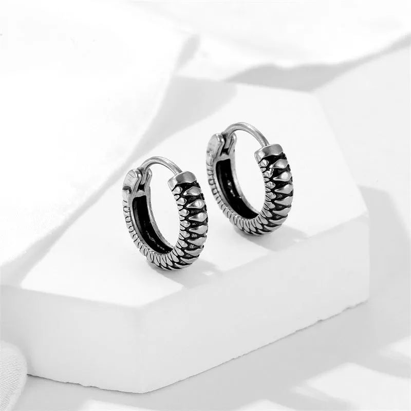 Retro geometric titanium steel earrings with stripe design in silver colour