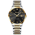 Men's simple dial automatic watch with stainless steel strap on a wrist.