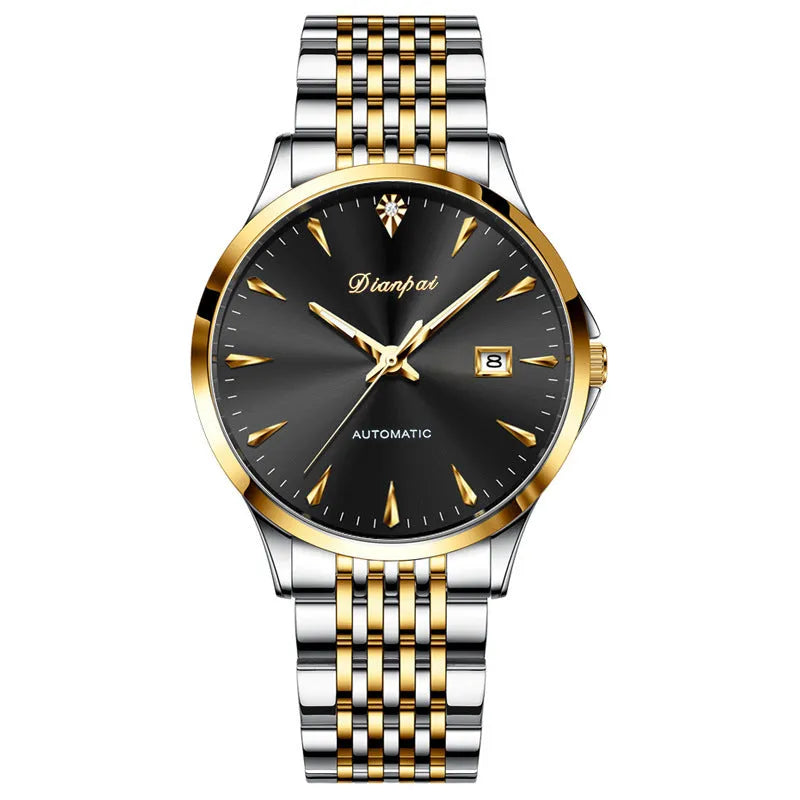Men's simple dial automatic watch with stainless steel strap on a wrist.