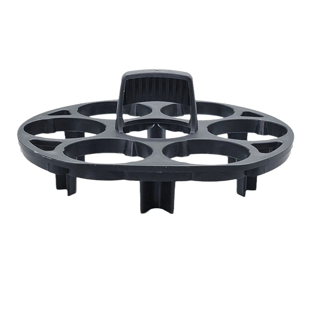 Black plastic egg holder basket rack for a cooking machine on a white background.