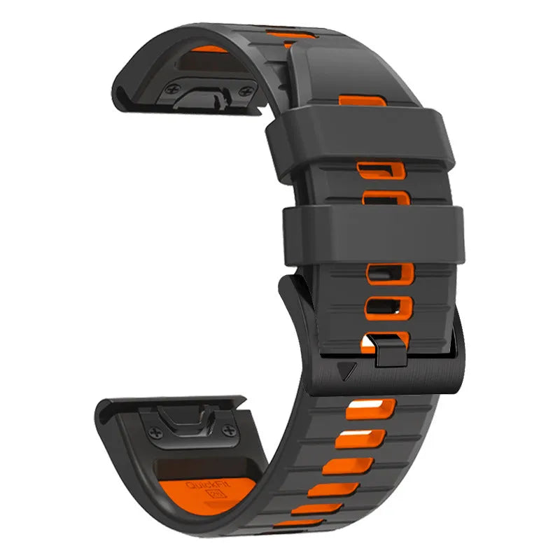 Fenix87pro6 two-colour quick release silicone watch strap in black and red on a grey background