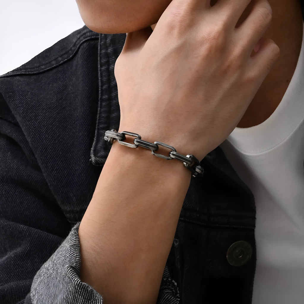 Men's titanium steel bracelet with square chain links in steel, gold, black, or retro colour.