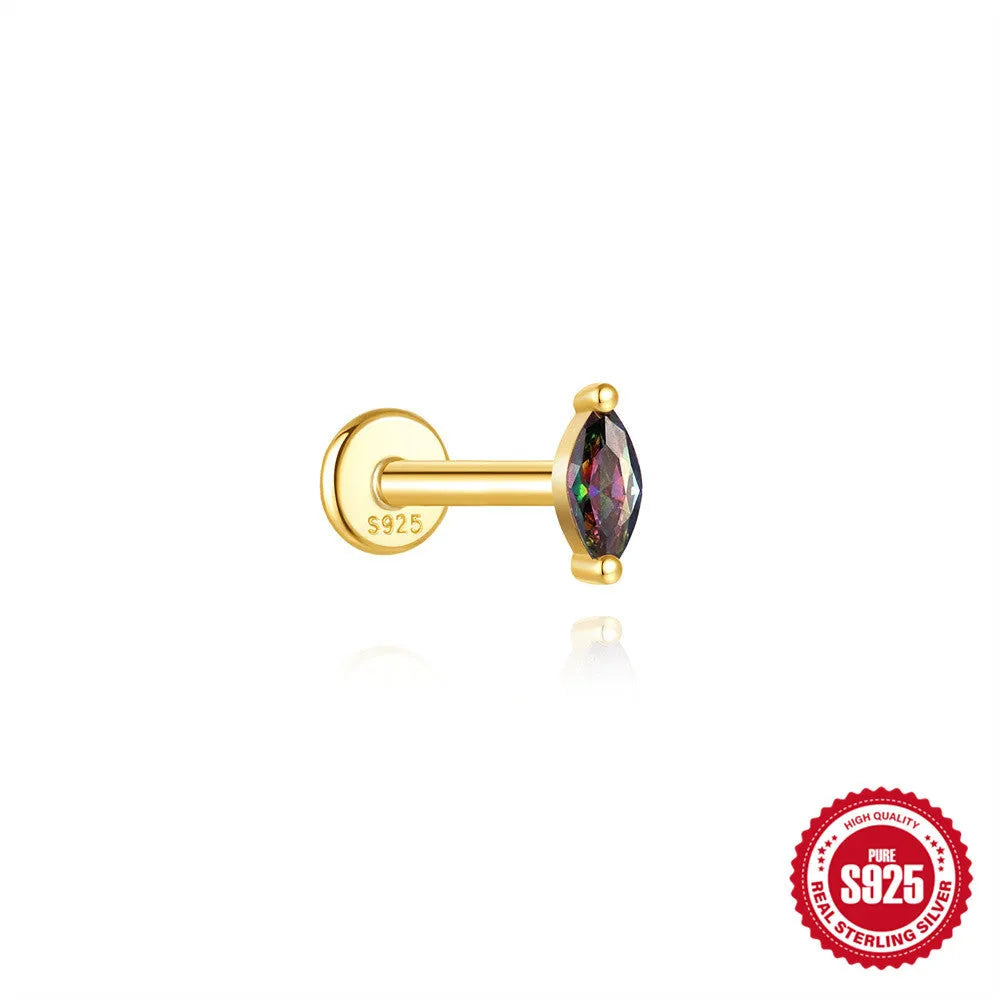 S925 sterling silver flat head thread piercing with a shiny rainbow stone in a gold setting.