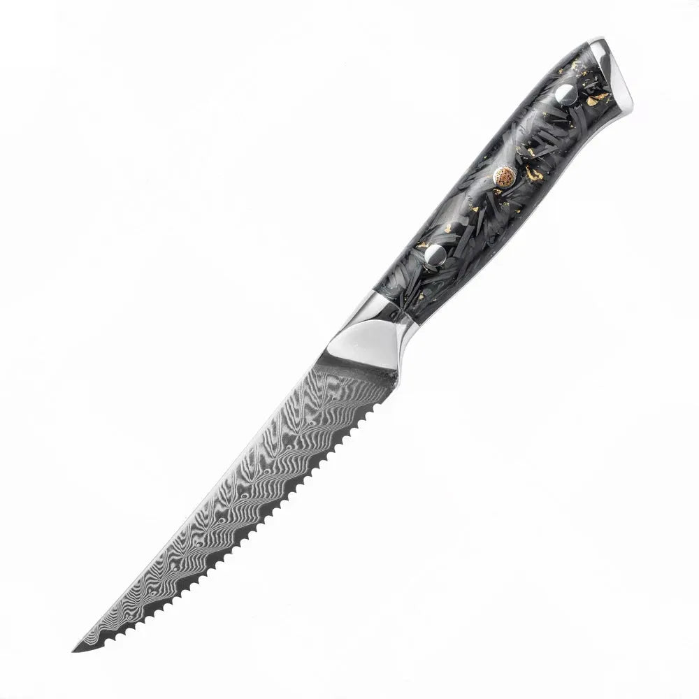 Eight-piece Damascus steel kitchen knife set showing fishbone pattern and different blade sizes