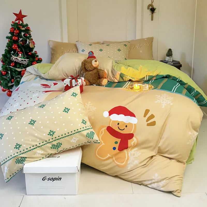 Christmas bedding four-piece set with cartoon print including sheet, quilt cover and pillowcases