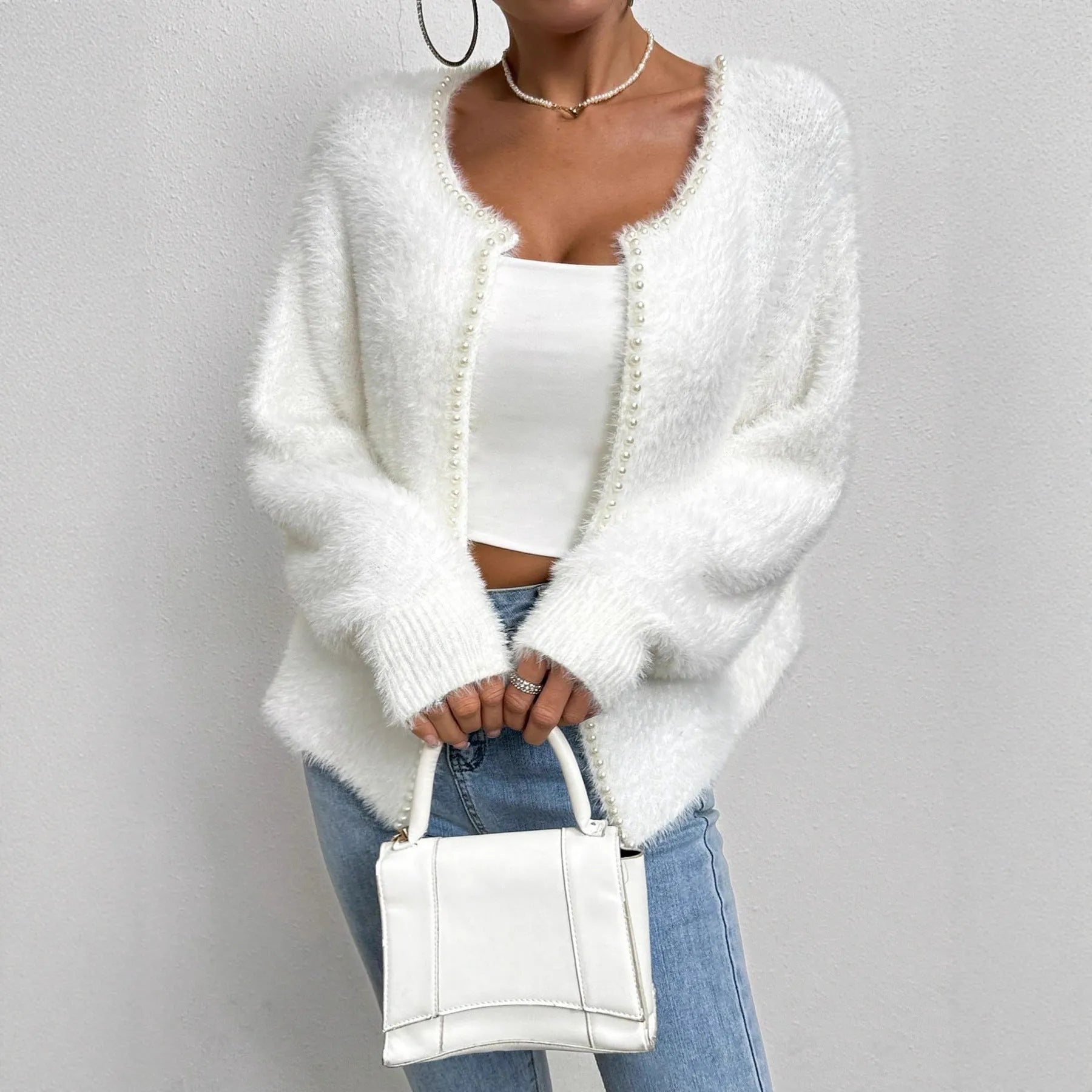 Women's white V-neck cardigan with beaded knit detail, medium thickness, 50cm length