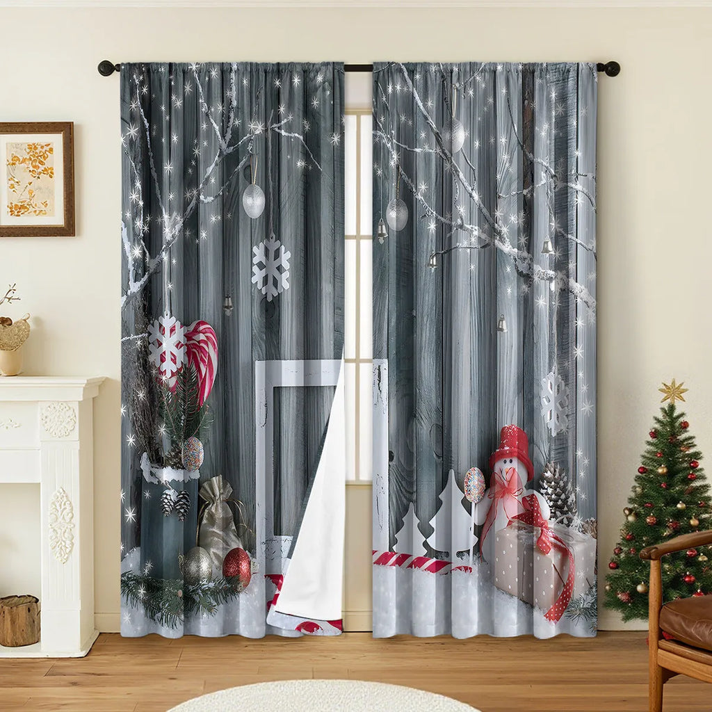 Pair of 3D printed Christmas pattern curtains in polyester fabric on a window.