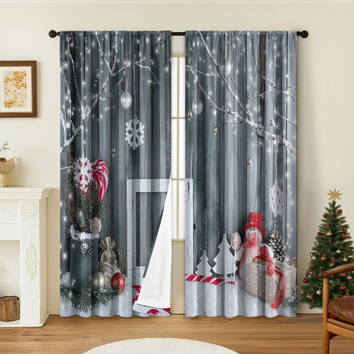 Pair of 3D printed Christmas pattern curtains in polyester fabric on a window.