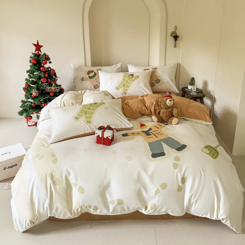 Christmas bedding four-piece set with cartoon print including sheet, quilt cover and pillowcases