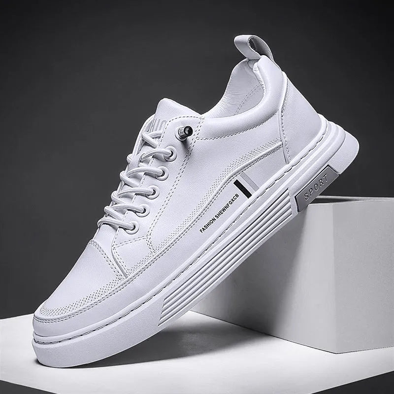 Men's low-top skateboard shoes with elastic band and microfiber upper in white or black