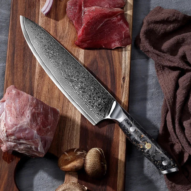 Eight-piece Damascus steel kitchen knife set showing fishbone pattern and different blade sizes
