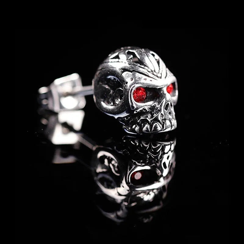Retro red eye skull stud earrings with alloy construction and electroplated finish