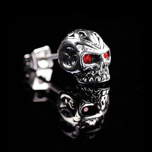 Retro red eye skull stud earrings with alloy construction and electroplated finish