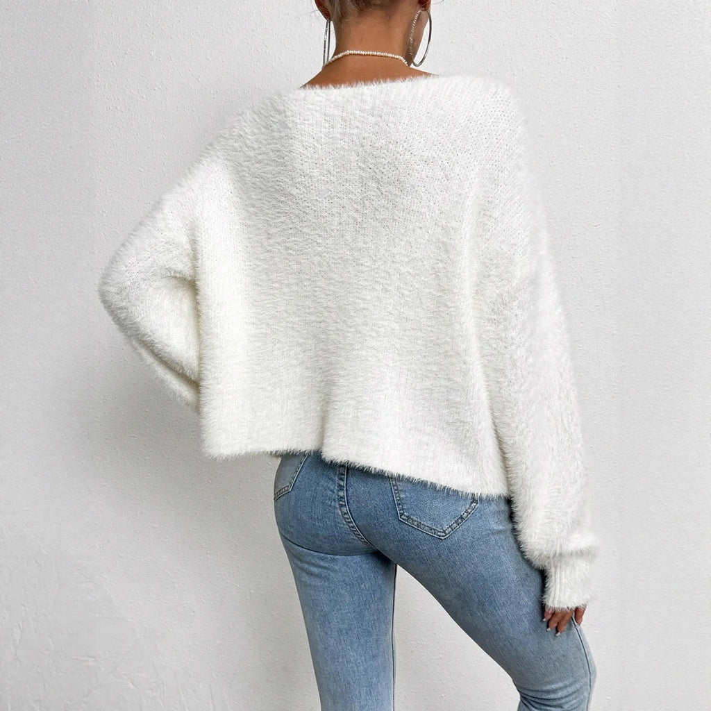 Women's white V-neck cardigan with beaded knit detail, medium thickness, 50cm length