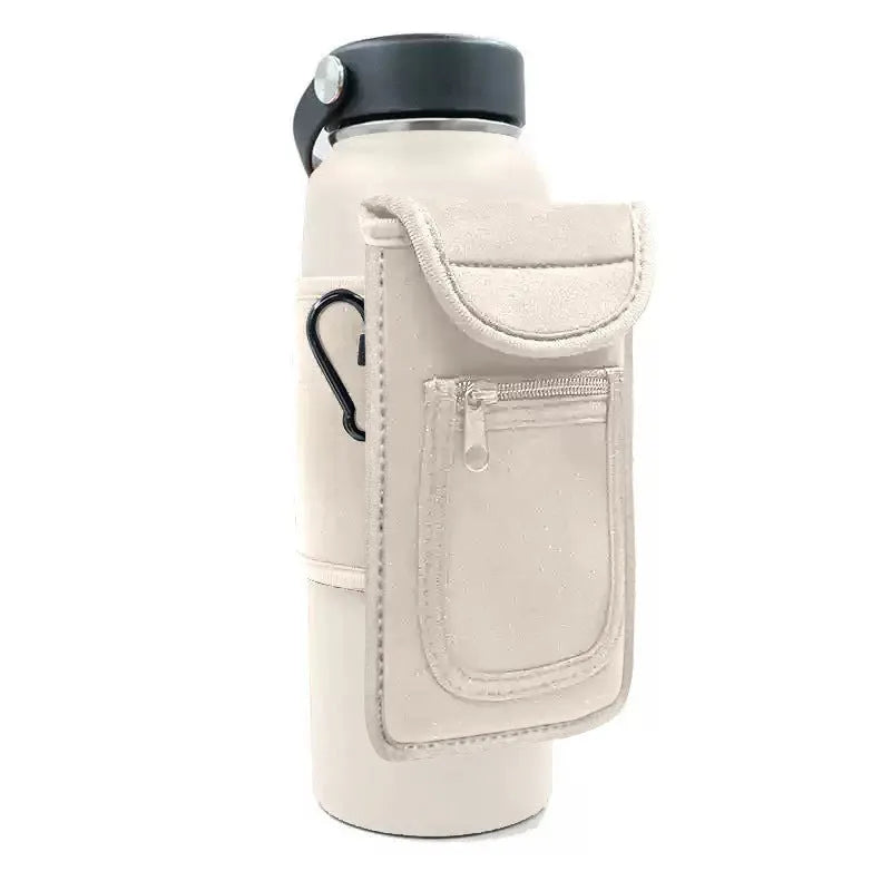 Cloth fitness bottle sleeve with magnetic closure and carabiner option in multiple colours