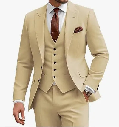 Men's slim fit three-piece suit in a choice of nine colours, shown on a hanger.