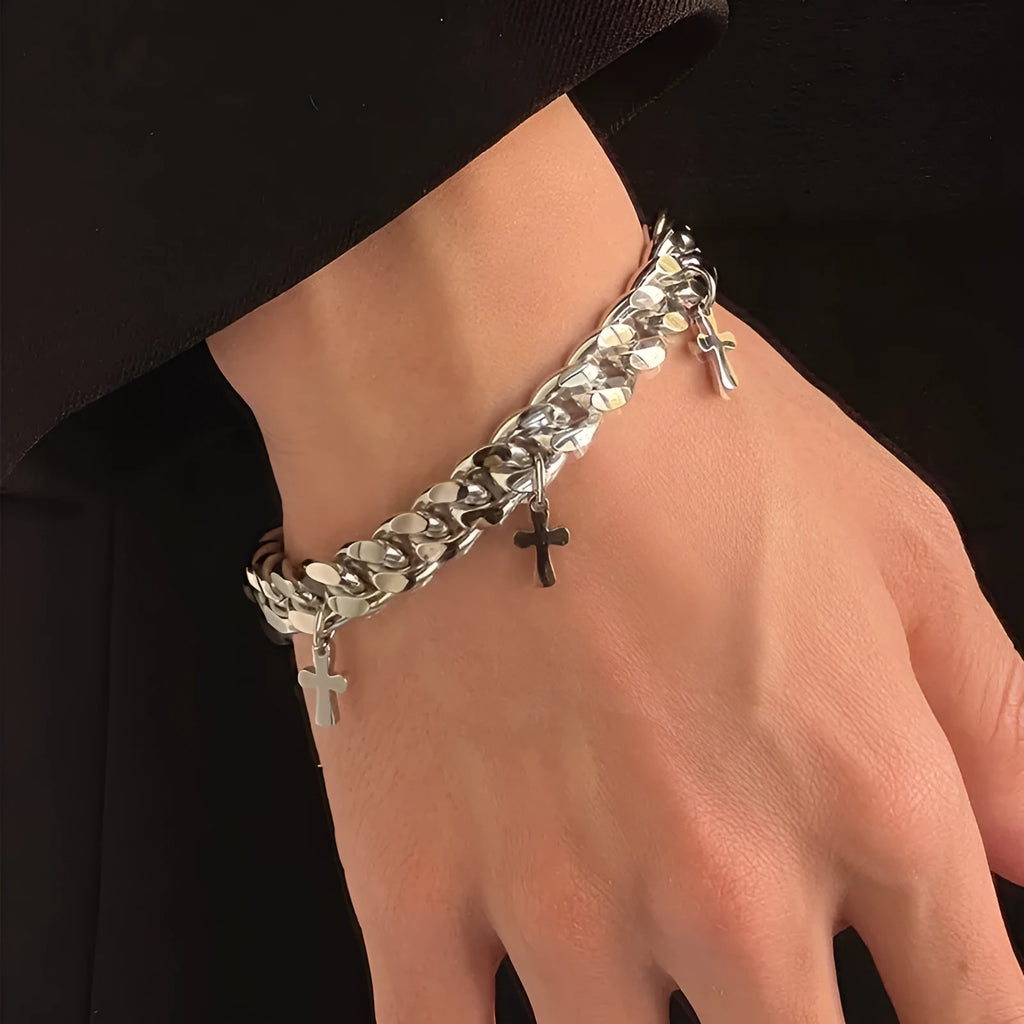 Men's titanium steel bracelet with geometric design featuring cross detail and cold wind styling