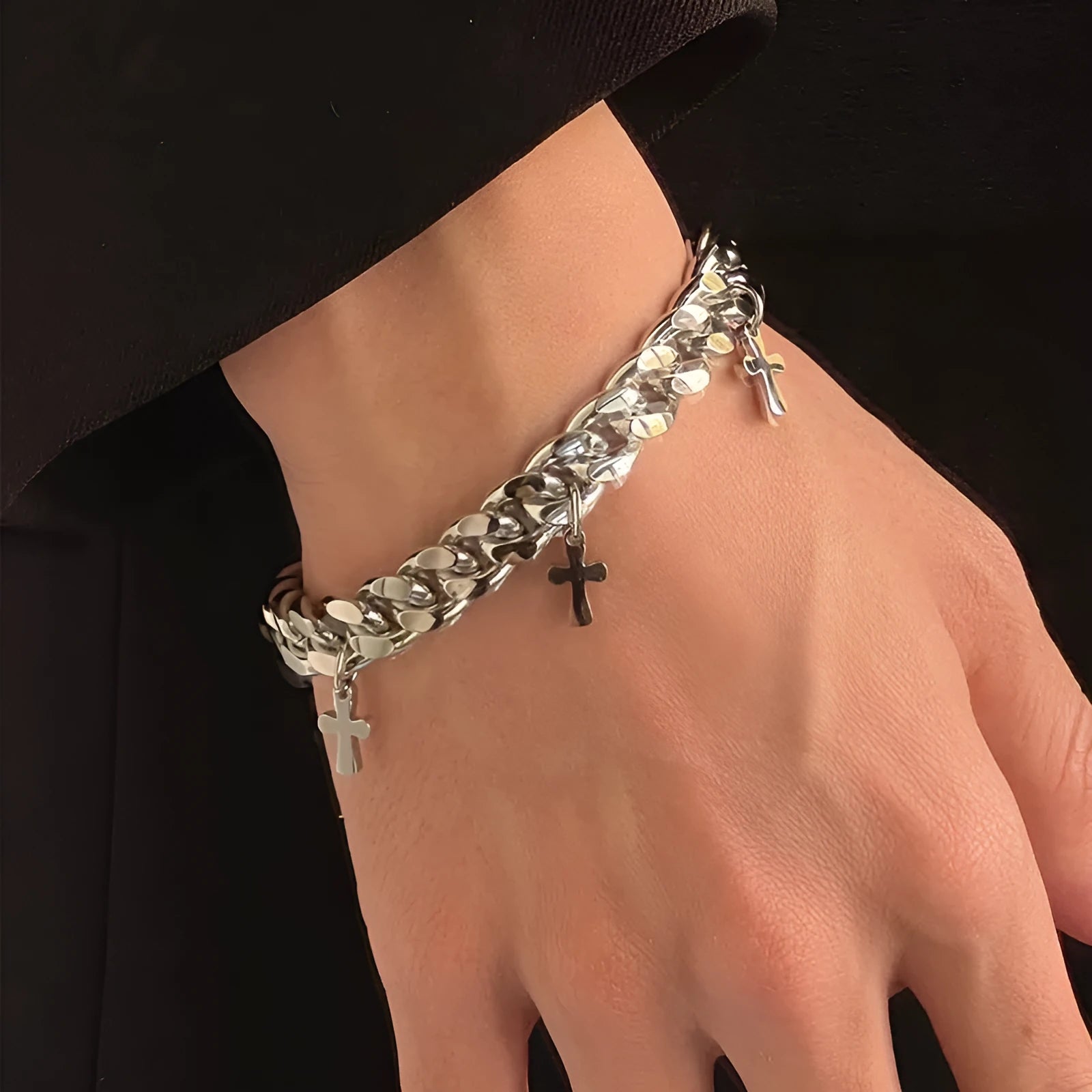 Men's titanium steel bracelet with geometric design featuring cross detail and cold wind styling
