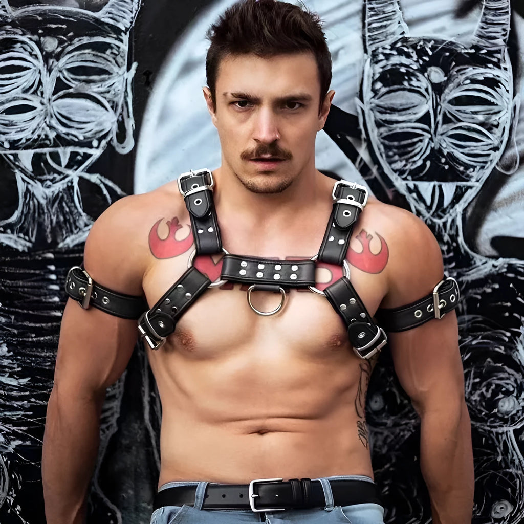 Black leather chest muscle bondage strap with metal buckle adjustment for adult costume wear