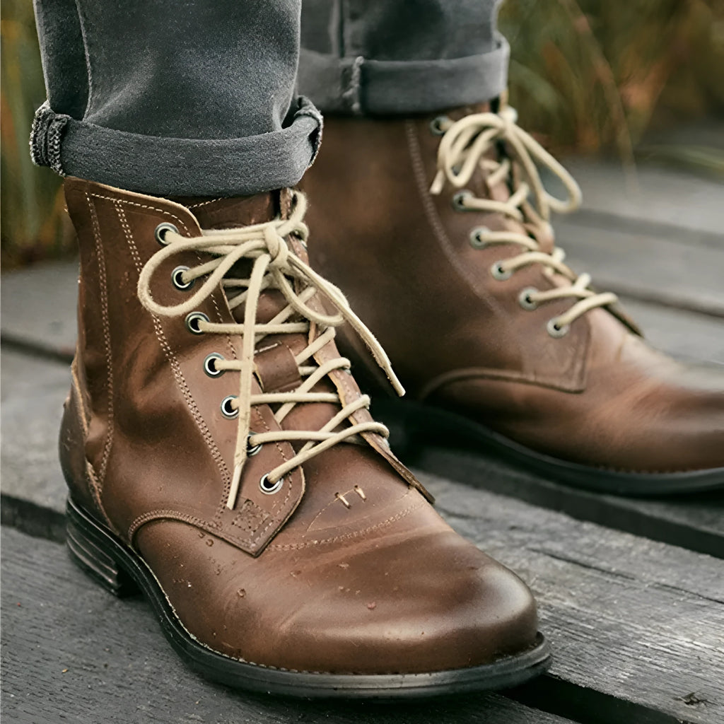 Knight Series men's two-tone leather boot with side zipper in black, showing low heel and mature style.