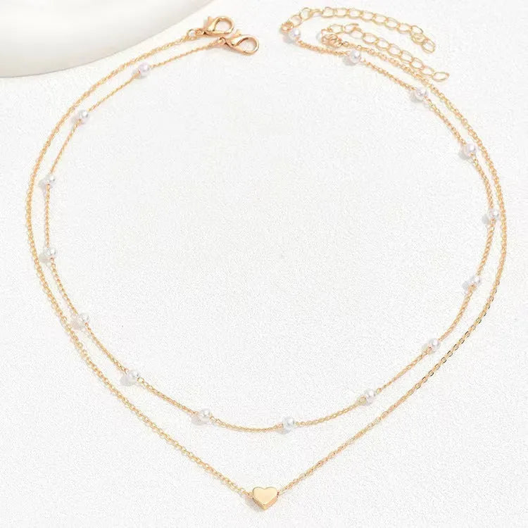 Gold alloy heart shape twin pearl pendant necklace on pearl chain for women, ins style, adjustable 31-40cm