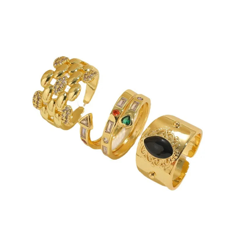 Vintage geometric copper ring with Chinese-style zircon accents and black electroplated finish
