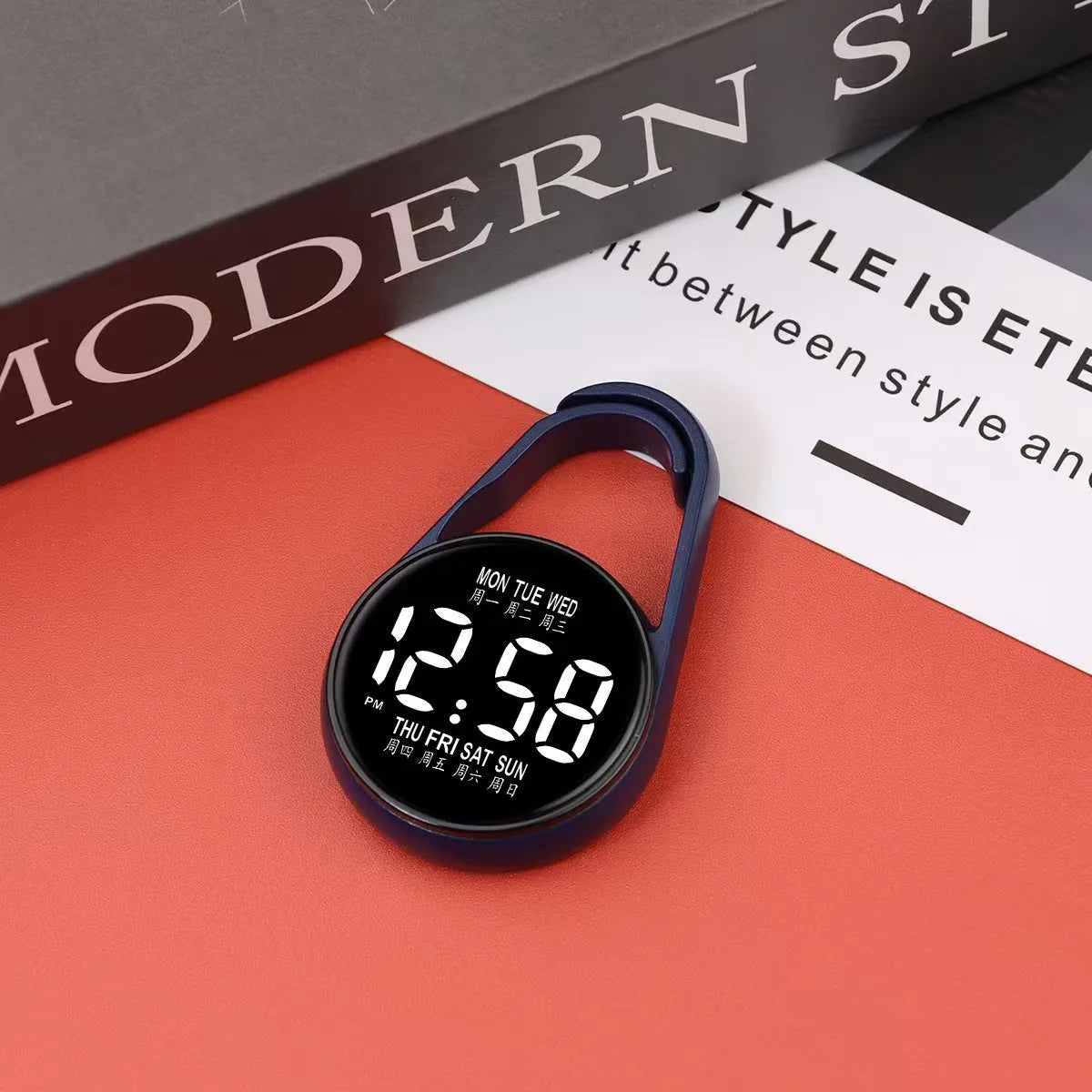 LED electronic watch with digital week display on an adjustable plastic strap, shown in various colours.