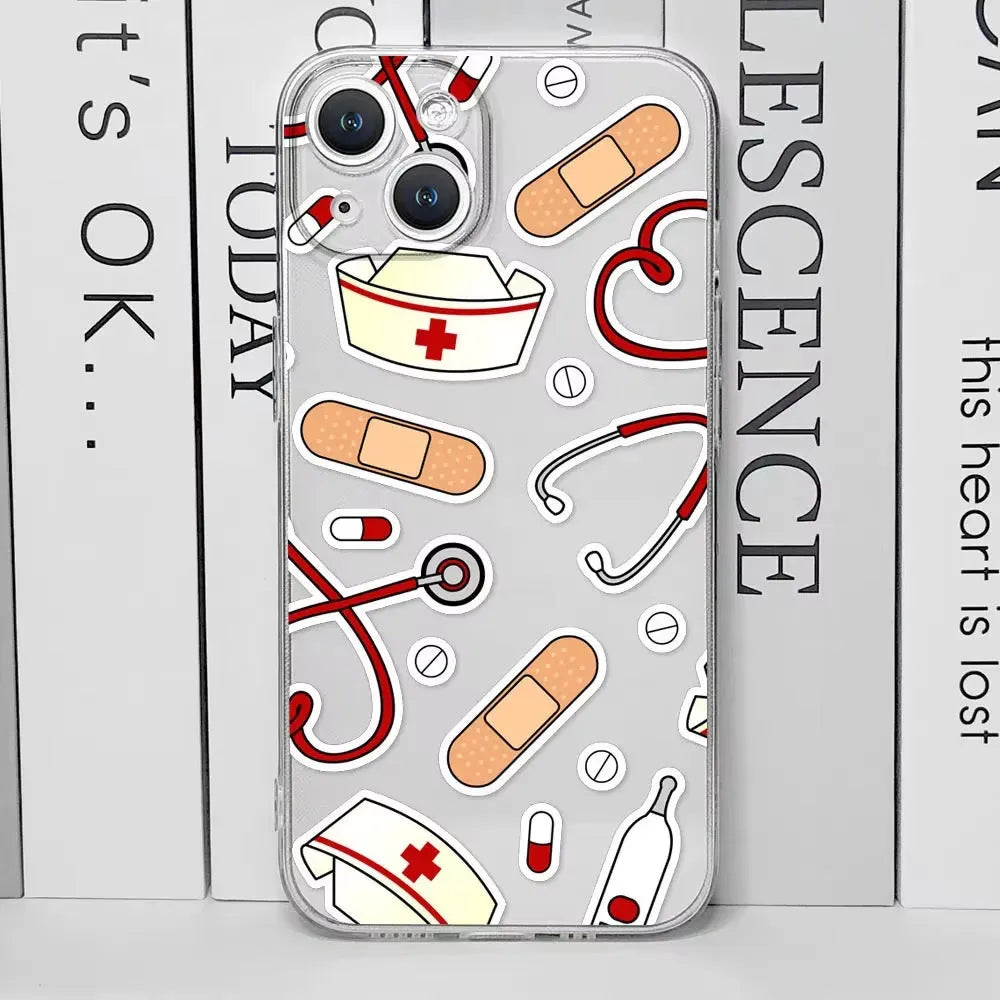 Cute cartoon nurse design TPU phone case for Apple iPhone, spray paint finish, fall protection, mounted on a phone mockup