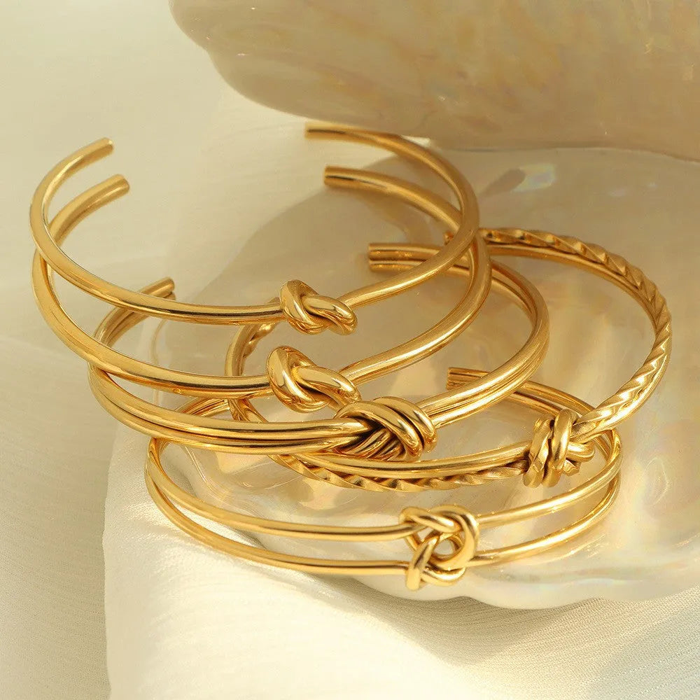 Women's adjustable knotted C-shaped open double-layer stainless steel bracelet with gold plating