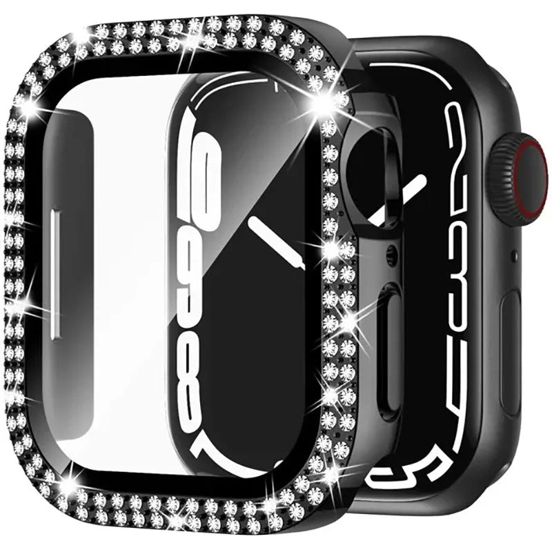Apple Watch case with double diamond glass in rose pink, gold, and silver colour options on a table.