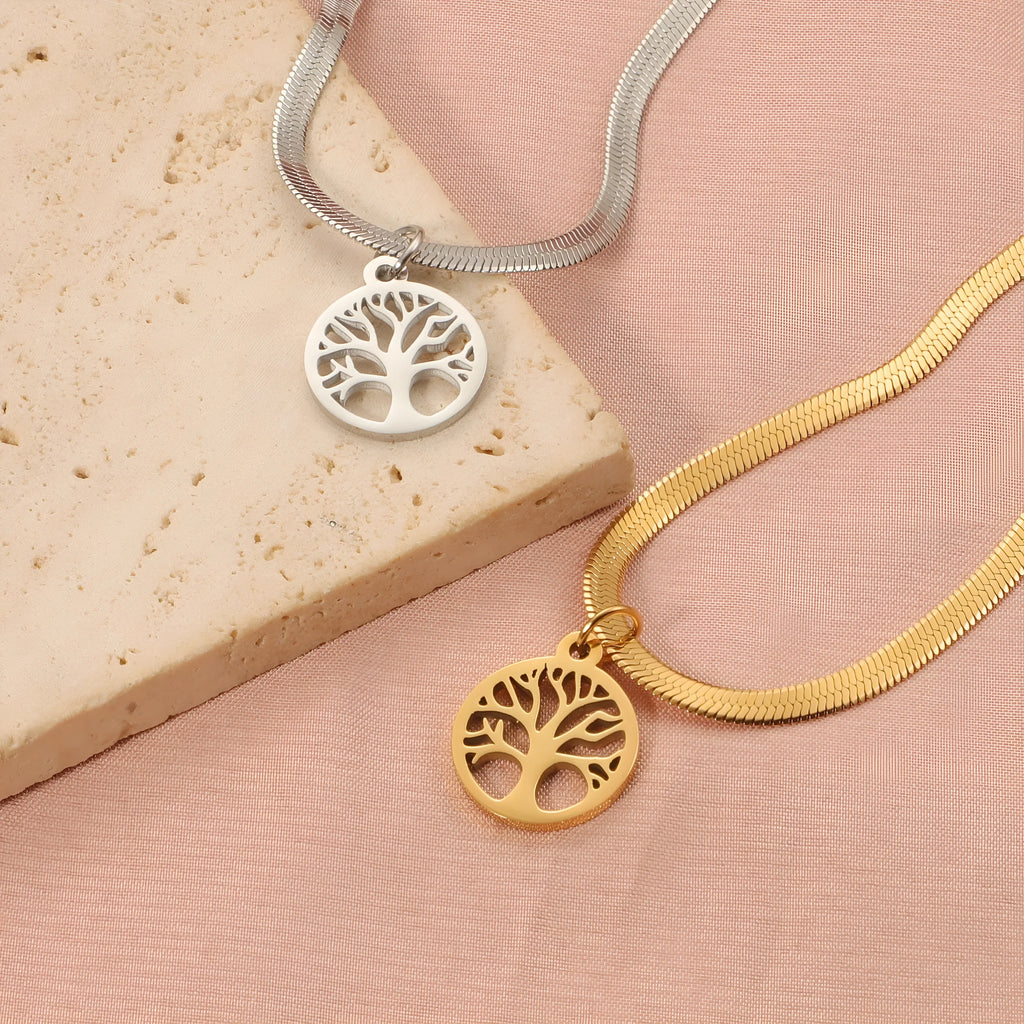 Stainless steel lucky tree pendant necklace on adjustable snake bone chain
