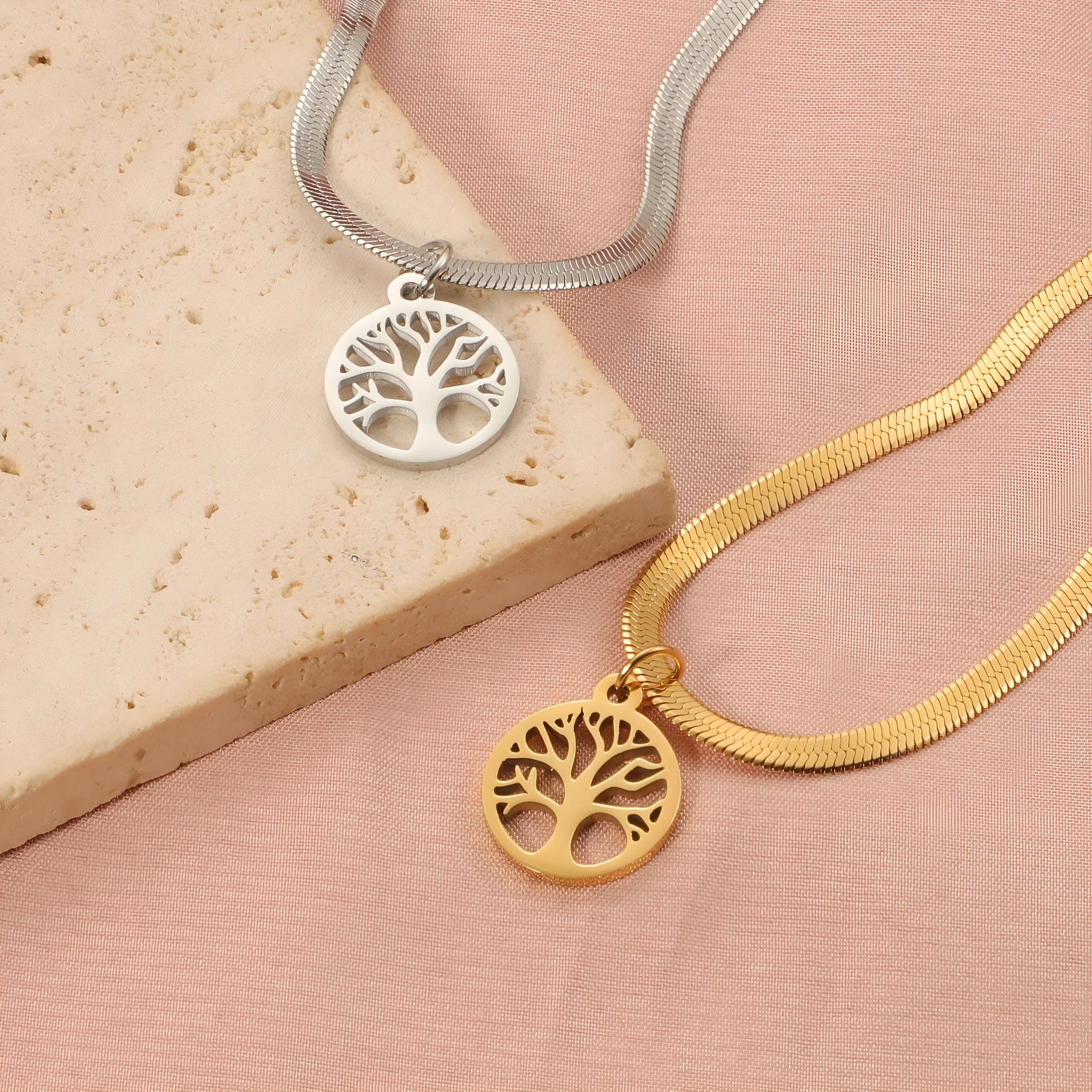 Stainless steel lucky tree pendant necklace on adjustable snake bone chain