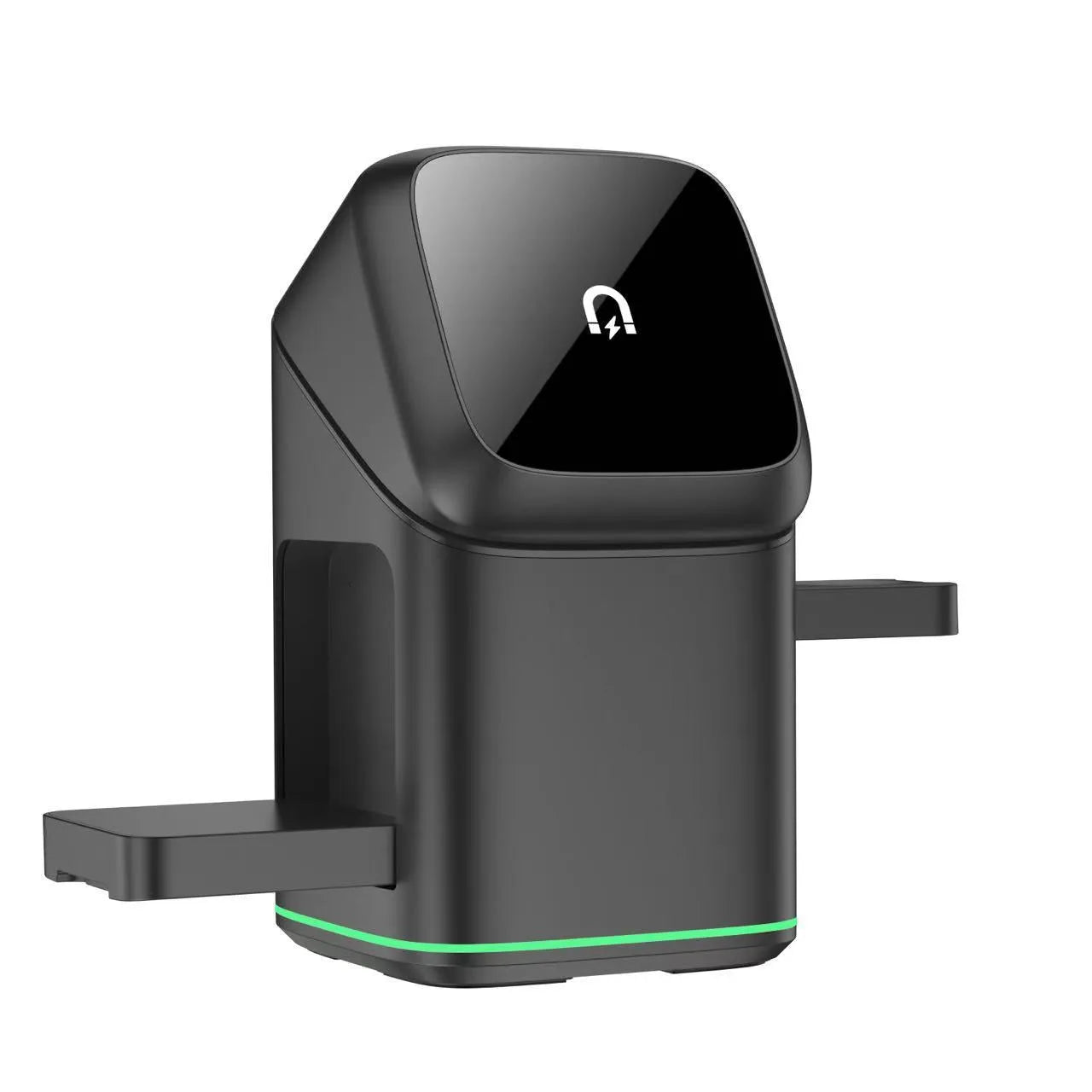Black mobile phone magnetic wireless charging stand on a desk, showing its 180-degree rotation feature.