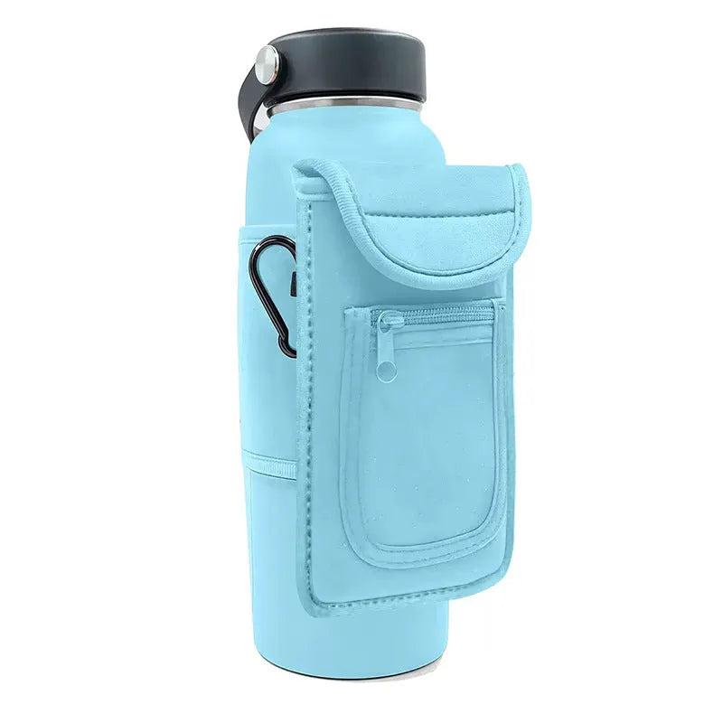Cloth fitness bottle sleeve with magnetic closure and carabiner option in multiple colours