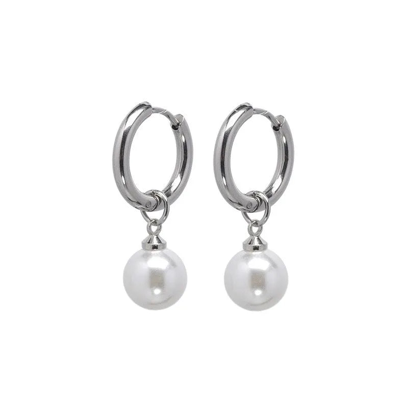 Geometric alloy pearl drop earrings with titanium steel posts and round pearl decorative elements