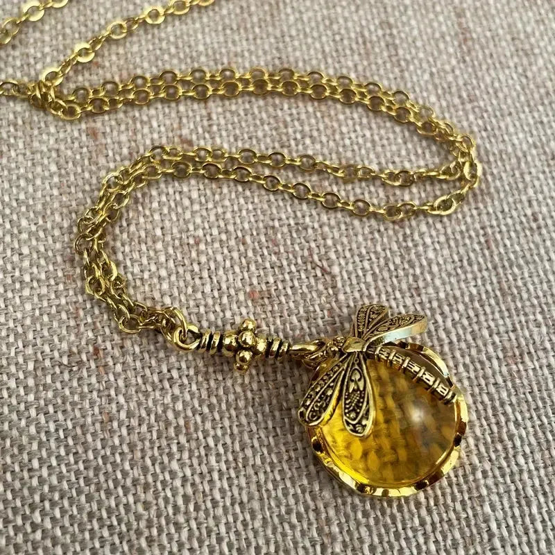 Hand carved dragonfly pendant necklace with 925 silver and vintage bronze yellow colour finish