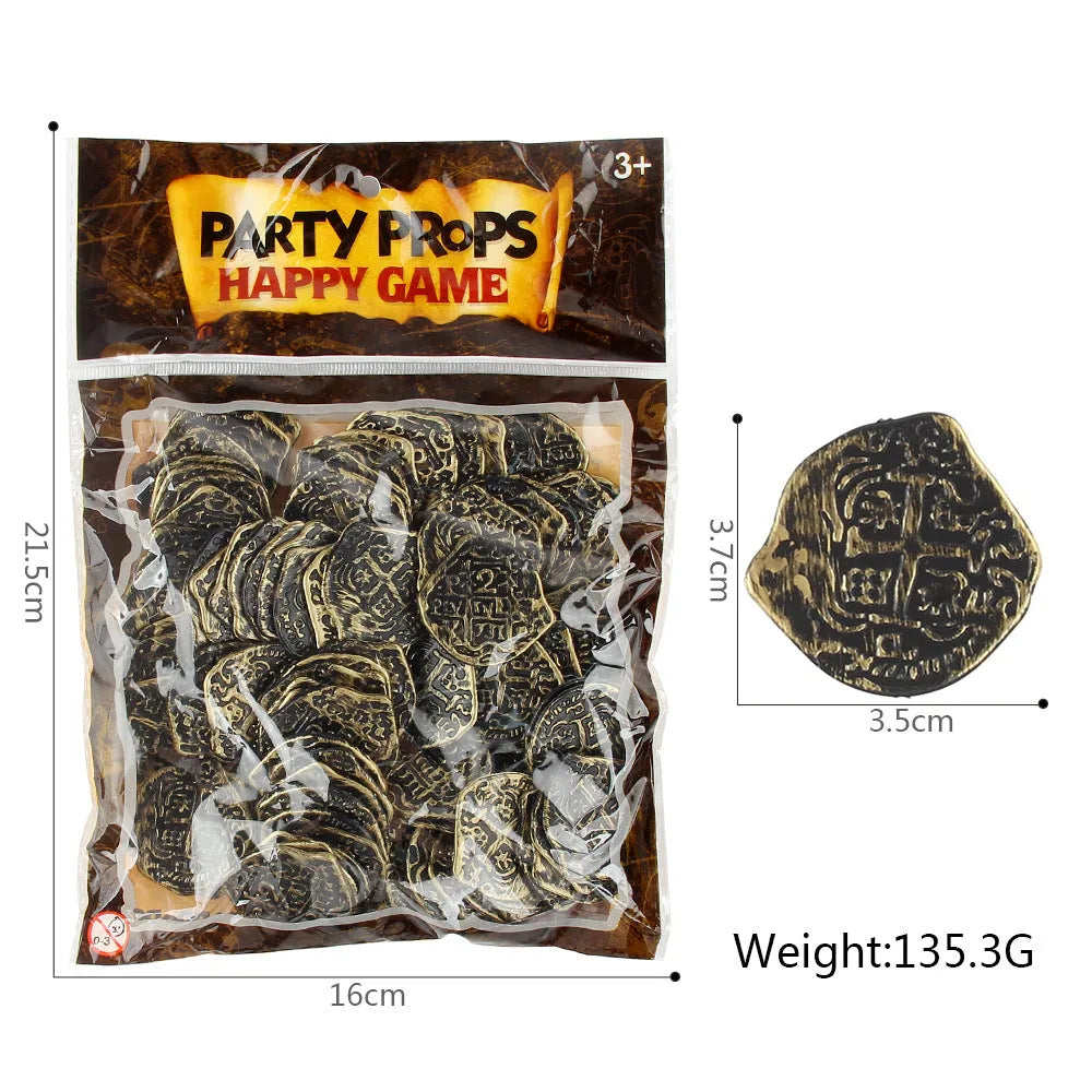 Set of 100 plastic replica Roman pirate coins with gold, silver, or bronze electroplated finishes.