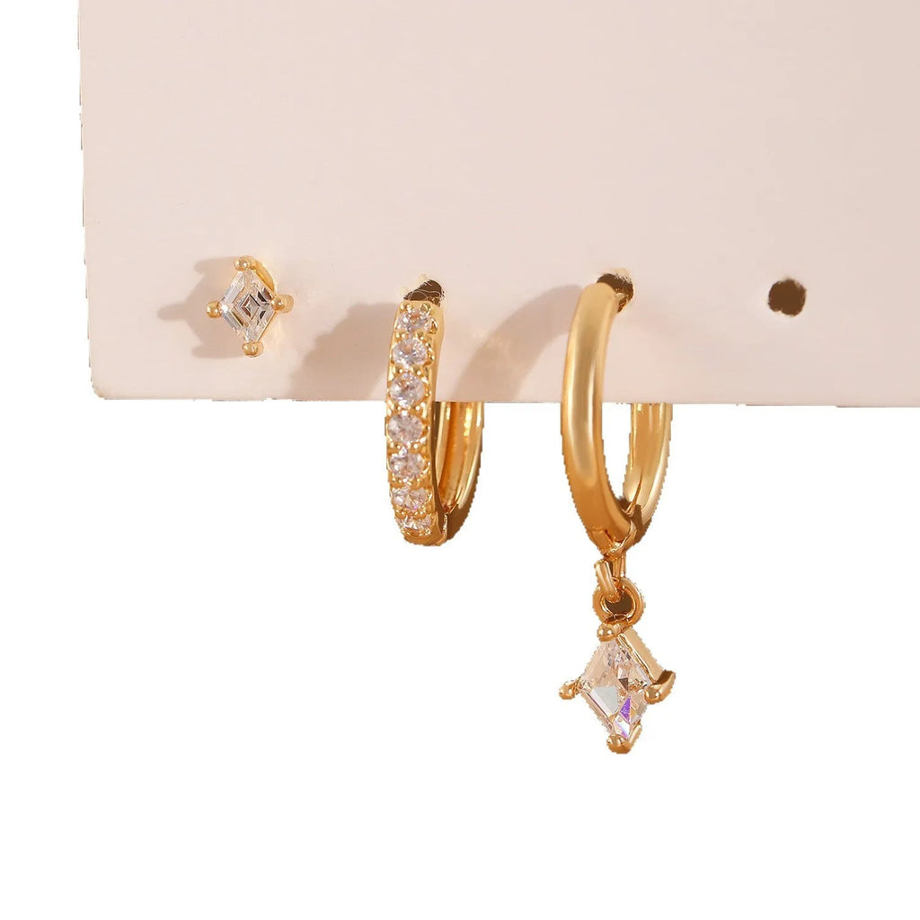 Geometric ladies earring set with three styles featuring zircon stones in gold or white finish