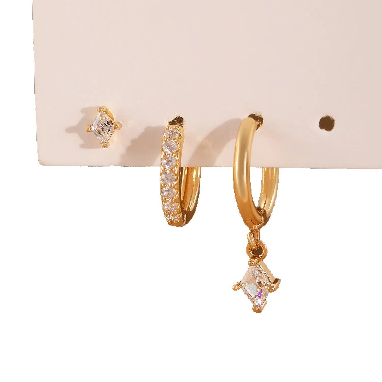 Geometric ladies earring set with three styles featuring zircon stones in gold or white finish