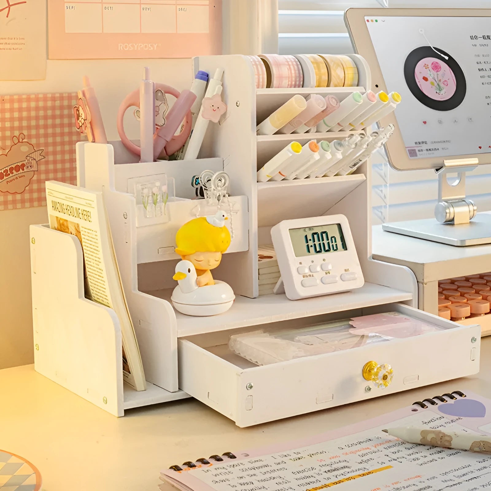 Plastic desk organiser pen holder storage box with multiple compartment grids