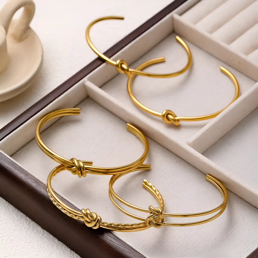 Women's adjustable knotted C-shaped open double-layer stainless steel bracelet with gold plating